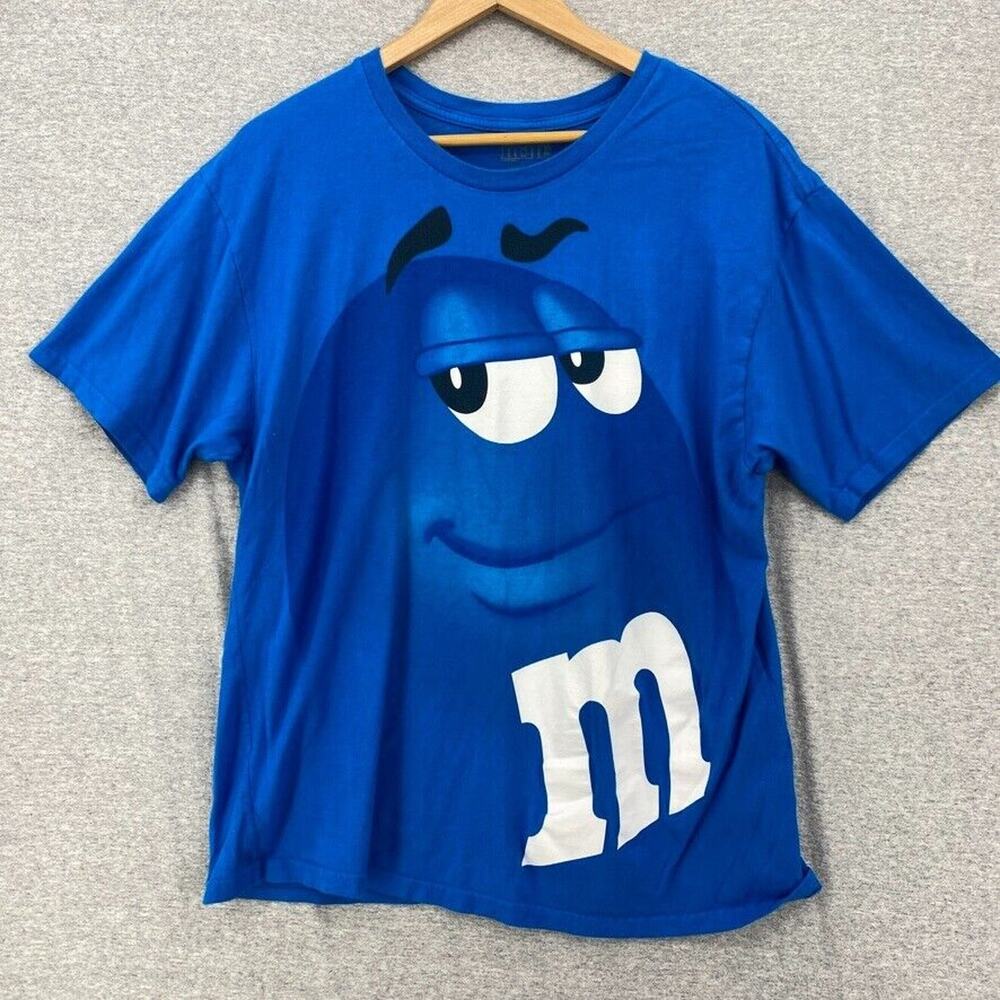 M & M Shirt Womens Large Blue Short Sleeve Graphic Tee Candy Chocolate Peanuts